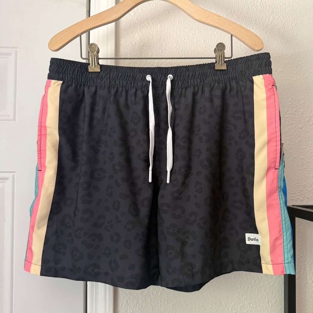 DUVIN grey leopard side striped elastic pull on drawstring swim trunks shorts